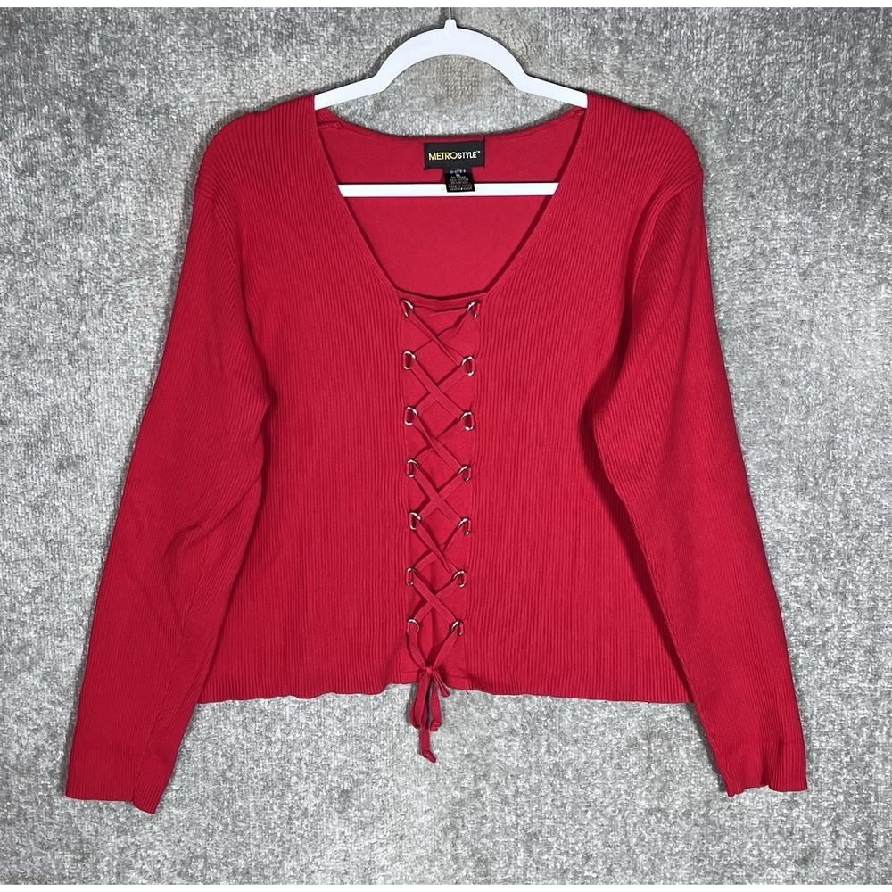 MetroStyle Ribbed Knit Lace Up Top Womens Size XL Red Long Sleeve Vintage Y2K